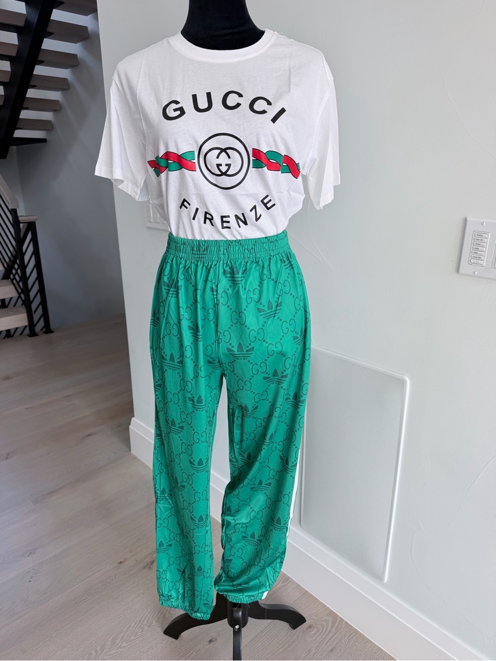 Green Monogram Track Pants with Elastic Waist and Matching Tshirt set size M